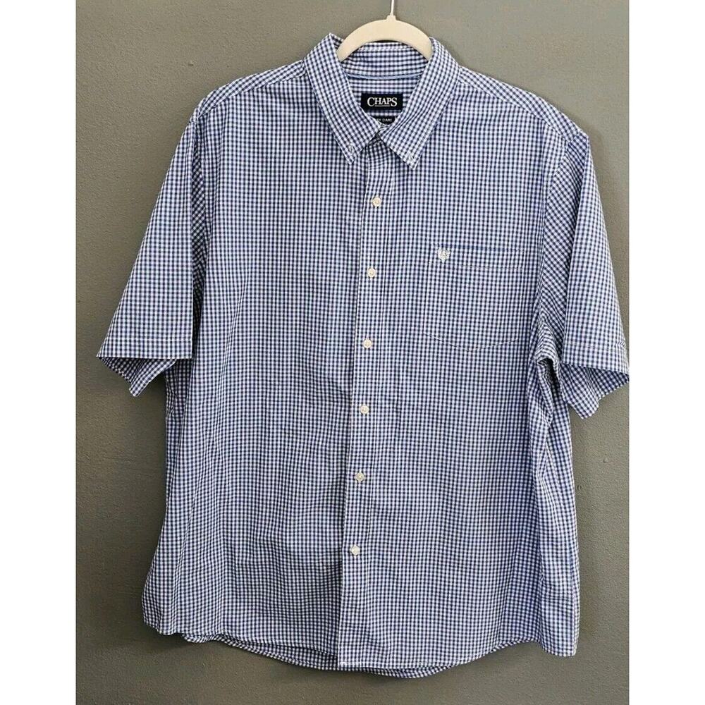 CHAPS Easy Care Mens XXL Blue Checkers Button Up Cotton Blend Shirt Short Sleeve